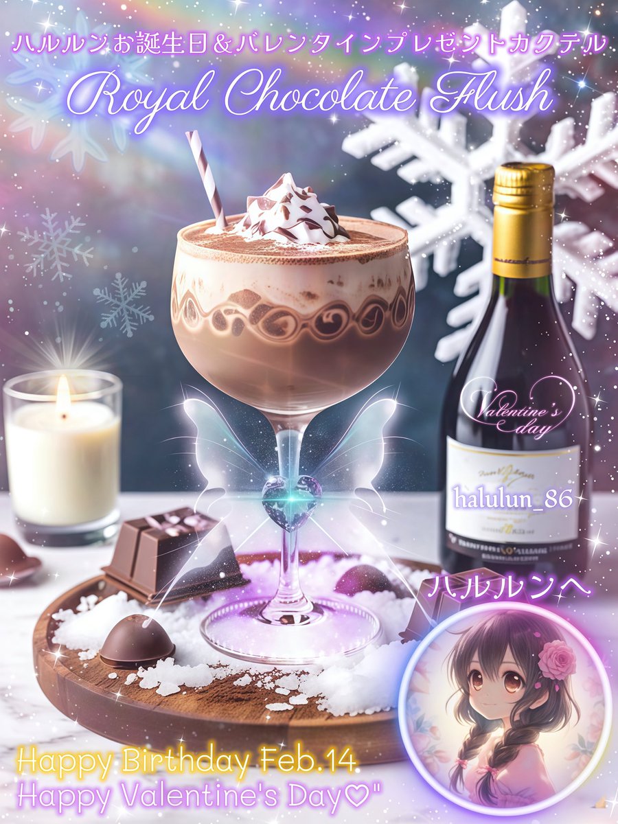 ハルルン(<a href="/halulun_86/">ハルルン/ふっかちゅハルルン</a>)お誕生日＆バレンタインプレゼントカクテル
"Royal Chocolate Flush-♤♡♢♧-"
〔ロイヤルチョコレートフラッシュ〕

α：モーツァルトチョコレートLiq(20ml)
β：シャンボールLiq(20ml)
γ：カルーアコーヒーLiq(10ml)
δ：牛乳(120ml)
ε：生クリーム(30ml)