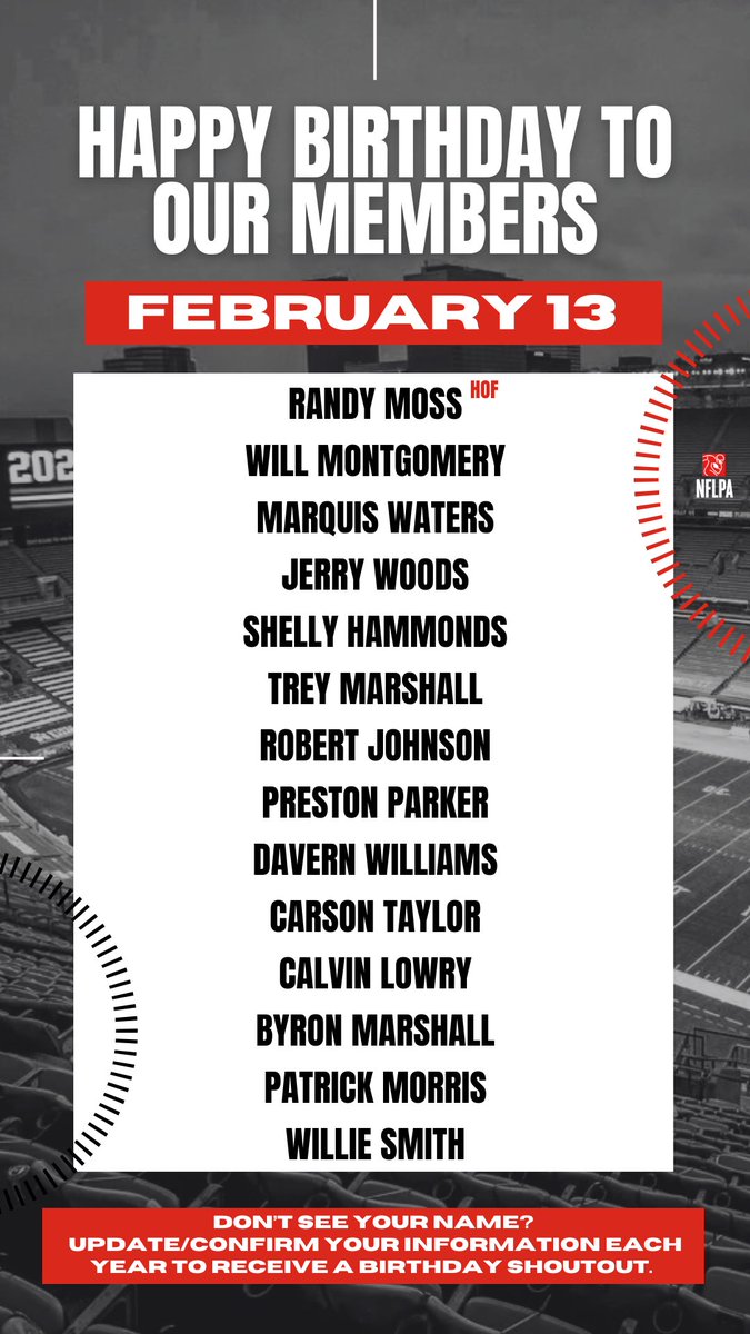 NFLPAFmrPlayers's tweet image. Happy birthday to our members @WillMontyNFL @mdwaters2139 @jerrywoods287 @blu4evr21 @TreyMarshallSr @TheRoJo32 @PrestonParker87 @davlw @ctaylor1198 @CalvinLowry @bmarsh4real @randymoss - Wishing all the best for you!