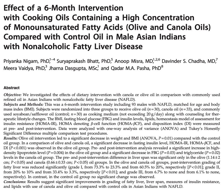 lowmegatron's tweet photo. The polyunsaturated fats in seed oils lower metabolism, while the saturated fats in coconut oil, butter, cacao, and beef fat increase it.

Women who ate extra virgin olive oil as part of their breakfast lost almost twice as much fat as those who ate the same amount of seed oil. 

Men with fatty liver disease lost more weight when using olive pomace oil instead of seed oils. The more omega-6 linoleic acid in the diet, the less weight lost.

An analysis of 9 human studies showed a significant reduction in body fat percentage and BMI with coconut oil.