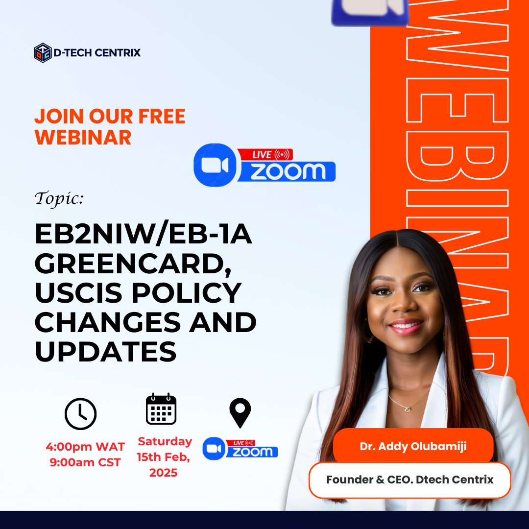 DrOlubamiji's tweet image. There has been some policy updates and changes from the USCIS directly impacting EB2-NIW/EB1A GREENCARD applicants. Join the FREE webinar to learn more! Sat, Feb. 15 | 4 PM WAT / 9 AM CST. Spots are LIMITED! DM or comment &quot;WEBINAR&quot; to get the link. #EB2NIW #EB1A #USCISUpdate