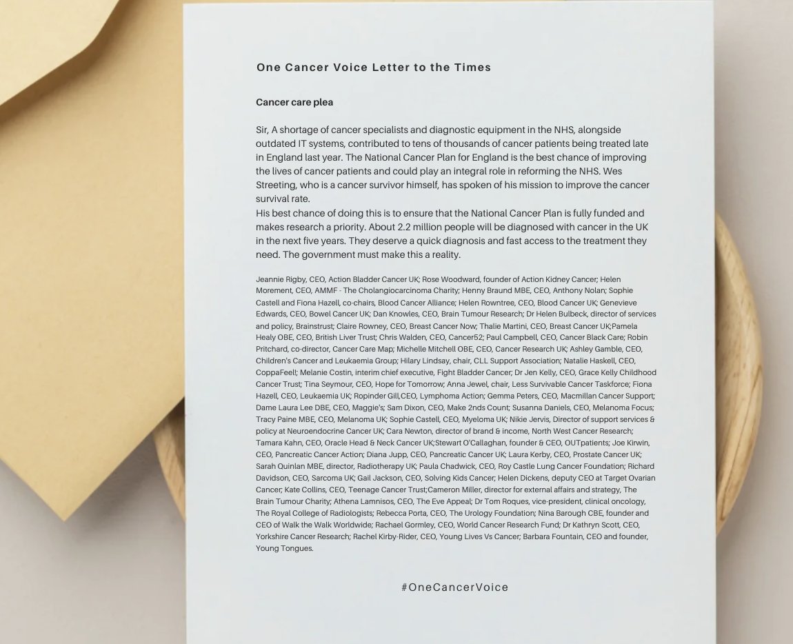 <a href="/ncukcharity/">Neuroendocrine Cancer UK #NotJustNECancer</a> together with more than 50 colleagues across the cancer community, co-signs  #OneCancerVoice  joint letter to The Times. We welcome &amp; support <a href="/wesstreeting/">Wes Streeting</a>'s cancer plan consultation. However, if a plan is to be meaningfully delivered, it must listen to consultation