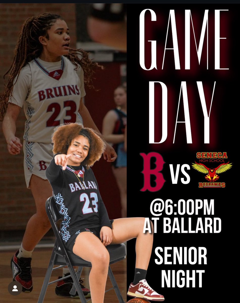 ❗️Senior Night ❗️

🆚 Seneca 
📍Ballard High School
⏰ 6:00pm

Senior night festivities will be celebrated in between our game and the boys game. 

As always #GoBruins 🐻🏀