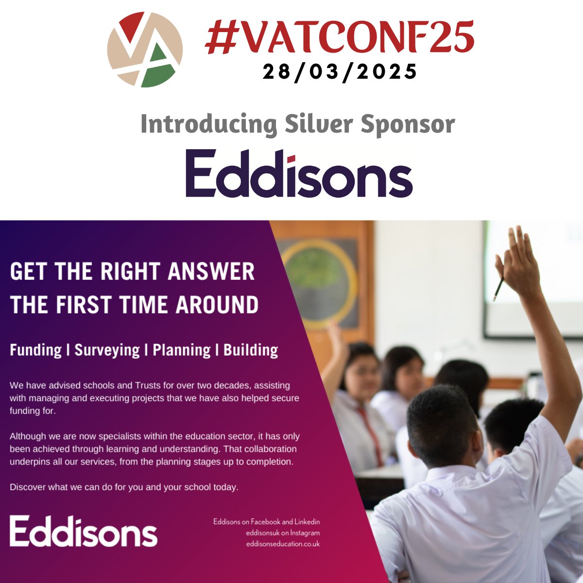 Introducing the first of our Silver Sponsors of #VATCONF25 <a href="/Eddisons/">Eddisons</a> who we are proud to work in partnership with. We extend our thanks for your sponsorship and look forward to hosting you at AVFC on 28/3/25 @vicacademiestrust