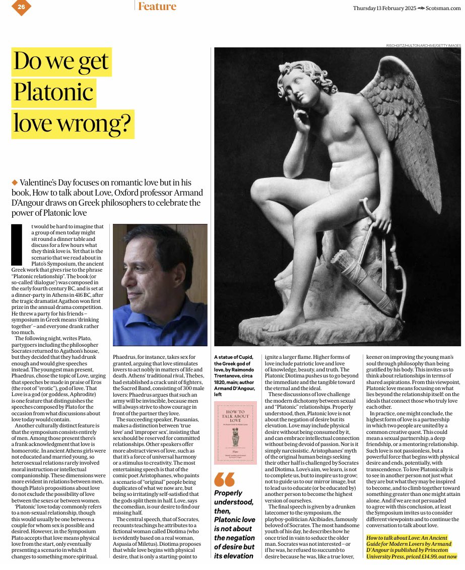 ArmandDAngour's tweet photo. Attractive feature in today’s @TheScotsman about “Platonic” love, for my new book on Plato’s Symposium https://t.co/85iXQSfoqz