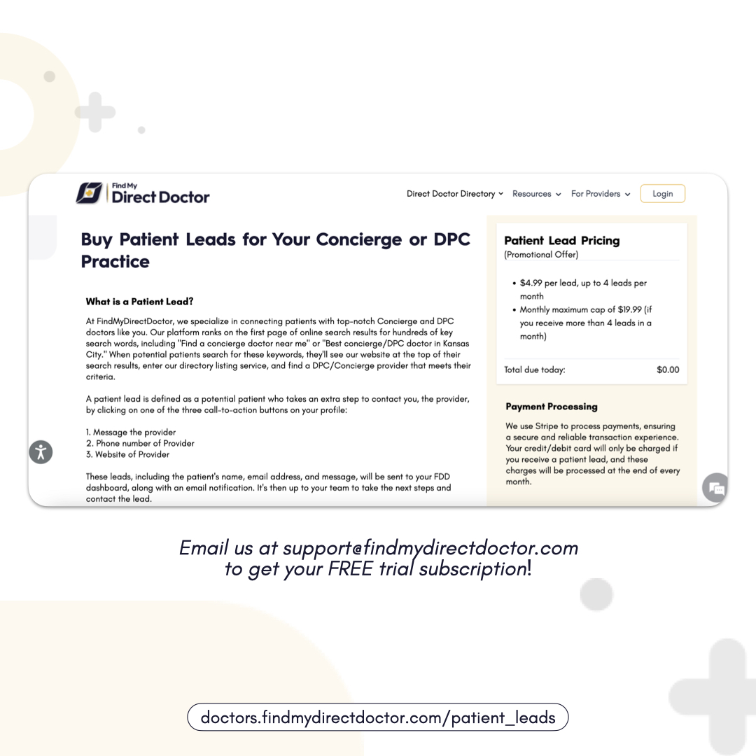 🎯 Get patient leads delivered to you for free during your trial. See just how simple growing your practice can be. Email us at support@findmydirectdoctor.com, and we’ll activate your trial instantly ✅