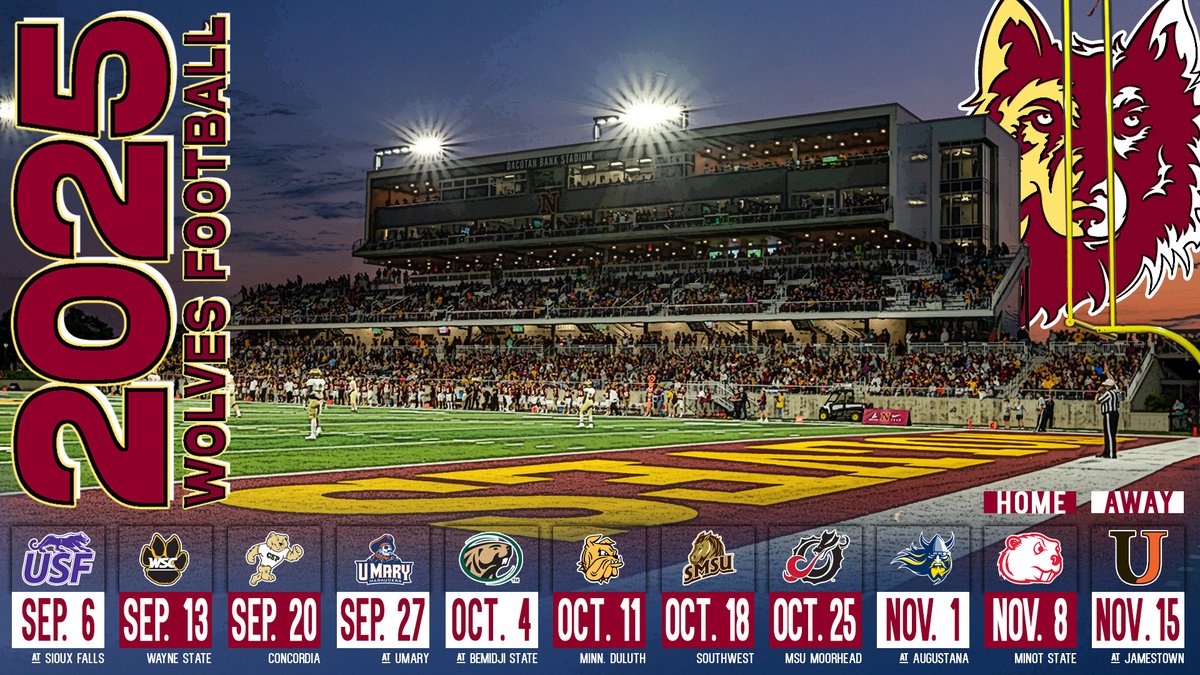 The 2025 <a href="/NSUWolves_FB/">Northern State Football🐺 🏈</a> slate is officially LIVE on nsuwolves.com!!

☑️ 6 Game @ The Bank
☑️ Home Non-Conference Match-up

#GoWolves🐺 | #maroonNgold🐾

READ MORE ⬇️
nsuwolves.com/news/2025/2/13…