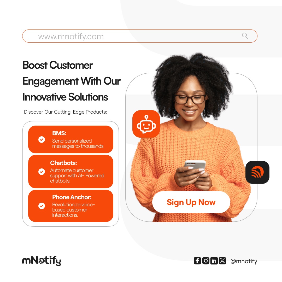Boost customer engagement with mNotify's innovative solutions! From AI-powered chatbots to personalized messaging, we help you connect better. 🔥 

Sign up now for FREE and take your communication to the next level! Visit mnotify.com 

#mNotify #CustomerEngagement