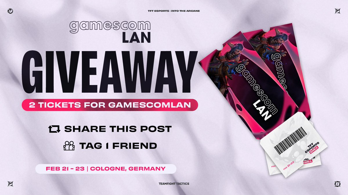 🎟️ Looking forward for <a href="/GamescomLAN/">gamescom LAN</a>? 🎟️

We're giving away 2 tickets for the last TFT LAN event in Into the Arcane! To enter:
🔁 Share this post
👥 Tag 1 friend

We'll announce the winners this Sunday after the last game of the EMEA Tactician's Cup II.

📑 T&amp;C: