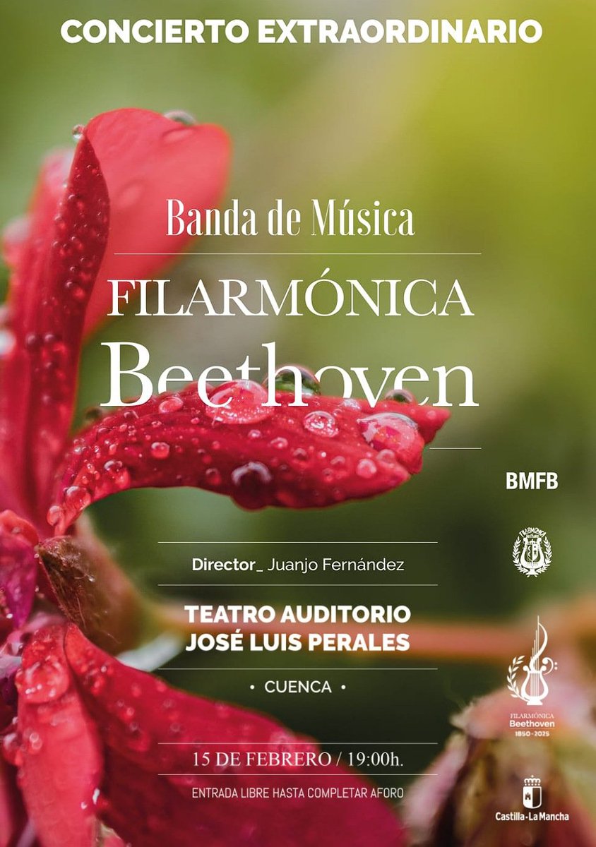 El próximo sábado día 15 de febrero a las 19:00 horas, en el Teatro Auditorio "José Luis Perales" de Cuenca, tendrá lugar el concierto de la Filarmónica Beethoven. La entrada al concierto será libre hasta completar el aforo.
#BMFB #175aniversario  #Cuenca #thetearsoftheflowers