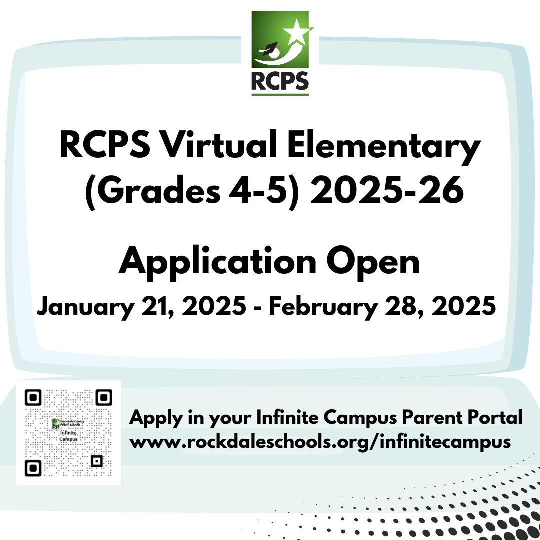 RockdaleSchools's tweet image. RCPS Virtual Elementary now accepting applications for full-time virtual learning for gr 4-5 in 2025-26. Those currently in the program must also apply. Application is in Infinite Campus Parent Portal under the Documents tab. Deadline: February 28, 2025. rockdaleschools.org/elementaryvirt…