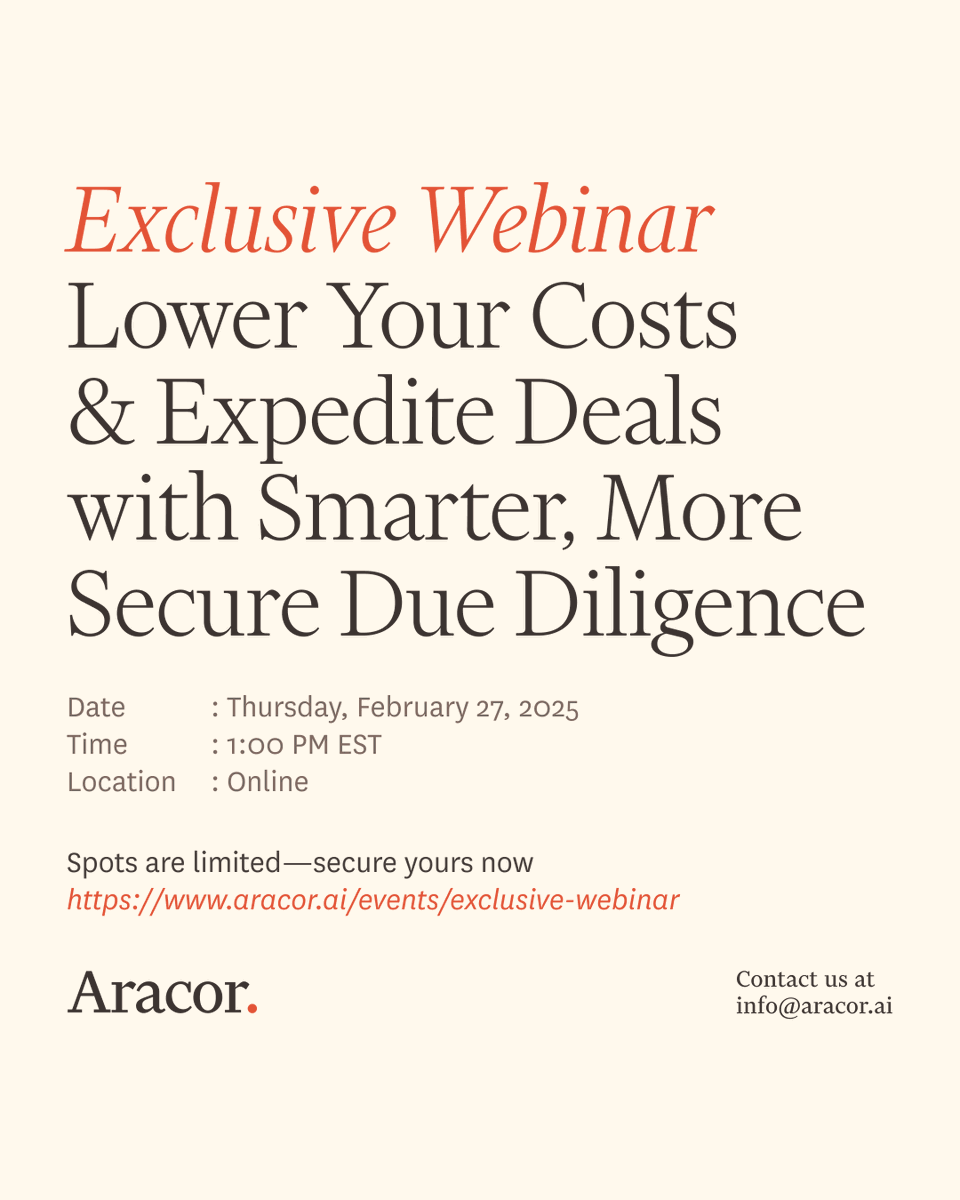 Exclusive Webinar! 🚀

Join us for a live demo &amp; see how Aracor AI transforms contract review!

📅 Feb 27, 1 PM EST | 🖥️ Online (Zoom)
🎁 Exclusive trial access for attendees!

🔗 Register now: aracor.ai/events/exclusi…

#AracorAI #aiduediligence #futureoflaw #ailegalassistant