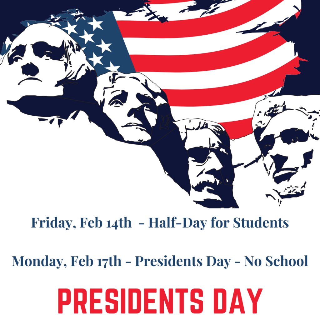 There will be a half-day early dismissal for students on Friday, February 14th for Teacher Inservice. There will be No School in Honor of Presidents' Day on Monday, February 17th. #BulldogPride