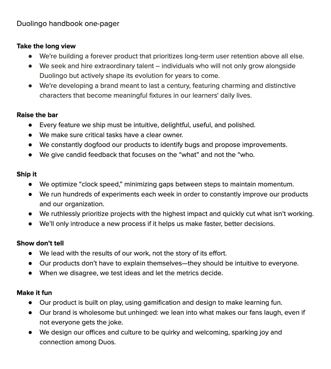Duolingo's company handbook in one page: