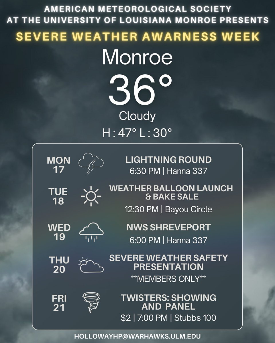 ⛈️ AMS at ULM Severe Weather Awareness Week ⛈️

Link for Twisters Showing 🌪️ is in the bio!
