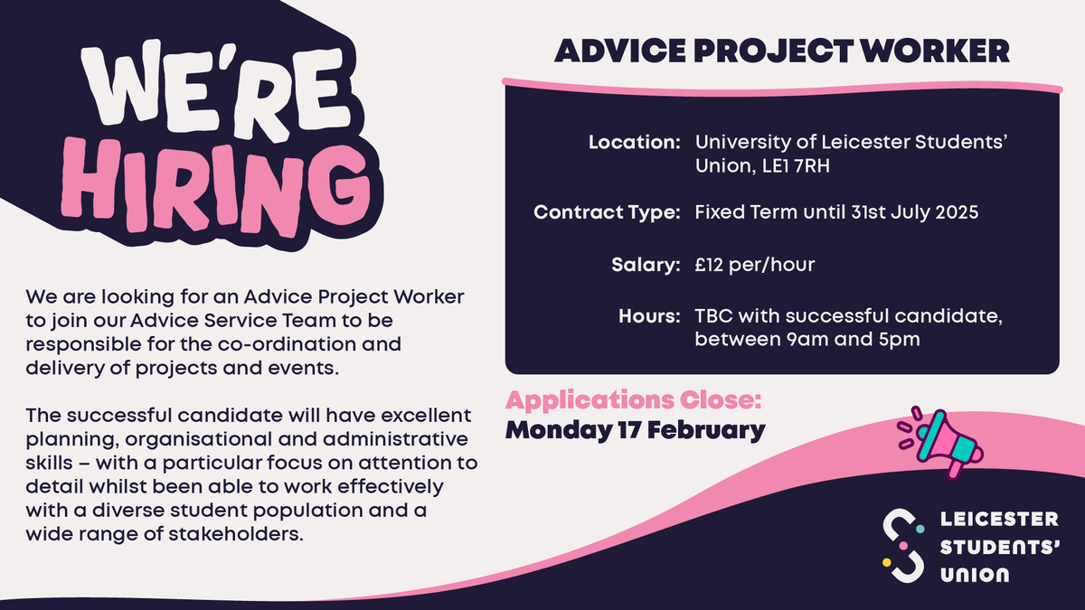 We are looking for an Advice Project Worker to join our Advice Service Team to be responsible for the co-ordination and delivery of projects and events.
Find out more 👉 leicesterunion.com/jobs/currentva…
