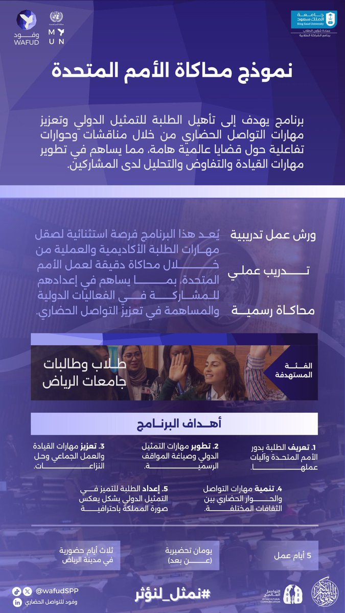 🌎|#محاكاة_الأمم_المتحدة

برنامج يهدف إلى تأهيل الطلبة للتمثيل الدولي وتبادل وتعزيز مهارات التواصل الحضاري في قضايا عالمية هامة 🌎

فرصة استثنائية لصقل المهارات العملية في مجالات مختلفة لتعزيز التواصل الحضاري🏅

🔗 للتسجيل والمزيد من المعلومات 
forms.gle/gGHt4cQz277f7q…