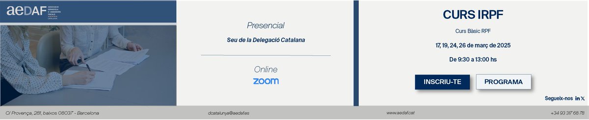 📢 CURS BÀSIC IRPF
📅 Dates: 17, 19, 24 i 26 de març
⏰ Horari: De 9.30 h a 13.00 h
📍 Modalitat: Mixta (presencial a la Delegació Catalana i Zoom)
🔗 Data límit d'inscripció: 12 de març
👇🏼Enllaç per a la inscripció i programa detallat
bit.ly/4gA9oVv
