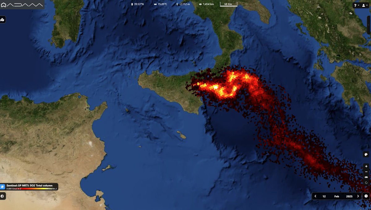 The current explosive activity of #Etna from space. On Feb. 12th the #Copernicus #Sentinel5p #tropomi sensor detected the SO2 plume moving Southward. 
La lunga scia di anidride solforosa provocata dall'eruzione dell'Etna vista dal satellite il 12 febbraio. 
#Airquality #Siciliy