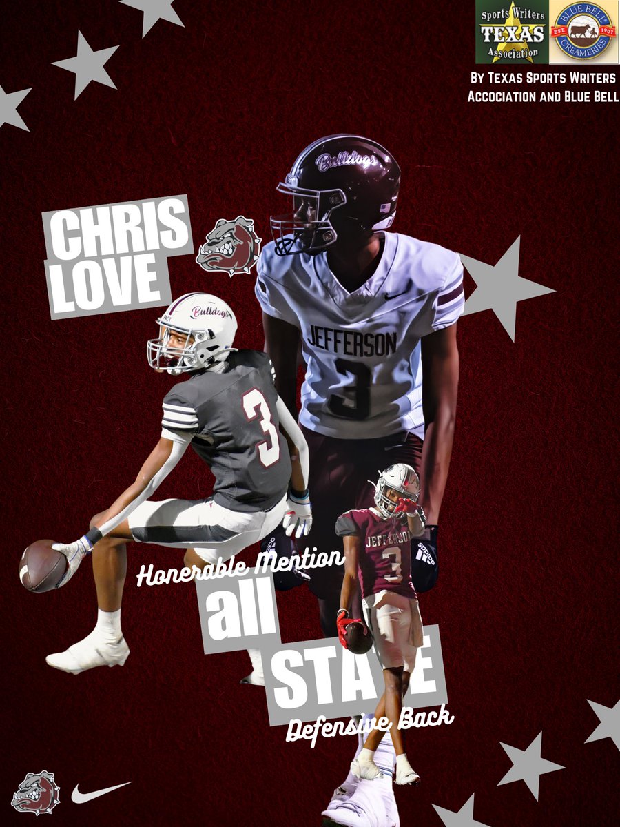 Four of our Bulldogs have been named to the 73rd Annual Blue Bell/Texas Sports Writers Association Class 3A All-State Football Team!
1st Team RB– Sr. Kamran Williams
1st Team G– Sr. Devonte Marshall
 3rd Team LB – Soph. Kobin Tomlinson
Honorable Mention DB– Sr. Chris Love
#PACT