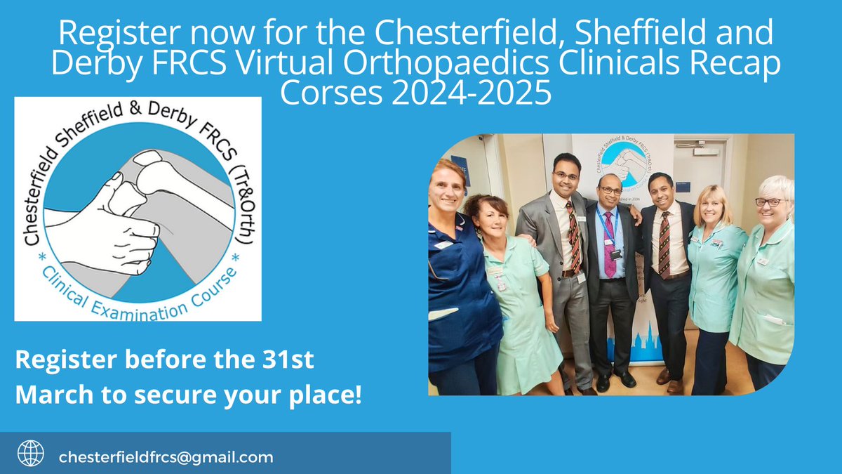 Register now for the Chesterfield, Sheffield and Derby FRCS Virtual Orthopaedics Clinicals Recap Course.

Book before the 31st March 2025 to receive three weeks worth of access to the event. You don't want to miss out! 

#Chesterfield #sheffield #recap #orthopaedics