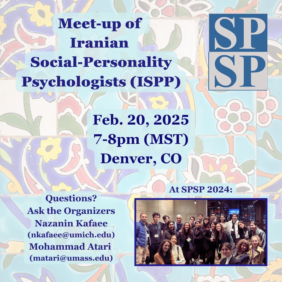 Mohammad Atari (@mohammadatari90) on Twitter photo Some of us have been meeting up at SPSP for the last few years. This year marks our fifth gathering. Email me or <a href="/NazaninKFP/">Nazanin Kafaee</a> if you want to join!
<a href="/MortezDehghani/">Morteza Dehghani</a> <a href="/siminevazire/">simine vazire</a> <a href="/DorsaAmir/">Dorsa Amir</a> <a href="/sannnnnnnaz/">Sanaz Talaifar</a> Some of us have been meeting up at SPSP for the last few years. This year marks our fifth gathering. Email me or <a href="/NazaninKFP/">Nazanin Kafaee</a> if you want to join!
<a href="/MortezDehghani/">Morteza Dehghani</a> <a href="/siminevazire/">simine vazire</a> <a href="/DorsaAmir/">Dorsa Amir</a> <a href="/sannnnnnnaz/">Sanaz Talaifar</a>