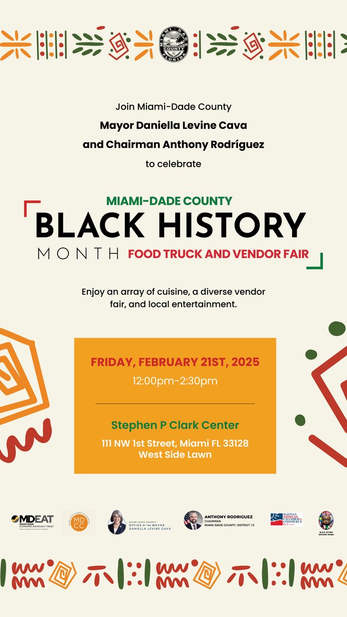 Join us for Miami-Dade County’s Black History Month Food Truck &amp; Vendor Fair! ⏰ 12 PM - 2:30 PM. 📍 Stephen P. Clark Center (West Side Lawn) 
#BlackHistoryMiamiDade #MiamiDadeCounty  <a href="/MiamiDadeCounty/">Miami-Dade County</a> <a href="/MayorDaniella/">Daniella Levine Cava</a> <a href="/CommishArod/">Anthony Rodriguez</a>