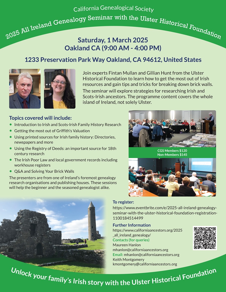 We are so excited to be visiting #Oakland, #California on 28 Feb &amp; 1 March for an #IrishGenealogy seminar and 1-to-1 consultations, hosted by @caancestors. 

Visit: californiaancestors.org/2025_all_irela… for more information and to book.
 
#2025IrishGenealogyTourUSA
#IrishFamilyHistory