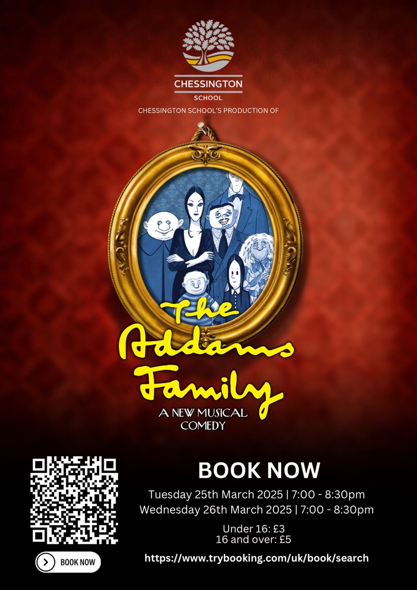 Tickets are now on sale for Chessington School’s production of The Addams Family! 👧🏻🕸️

Click the link below or scan the QR code to book your tickets now!

chessington.kingston.sch.uk/news-and-calen…