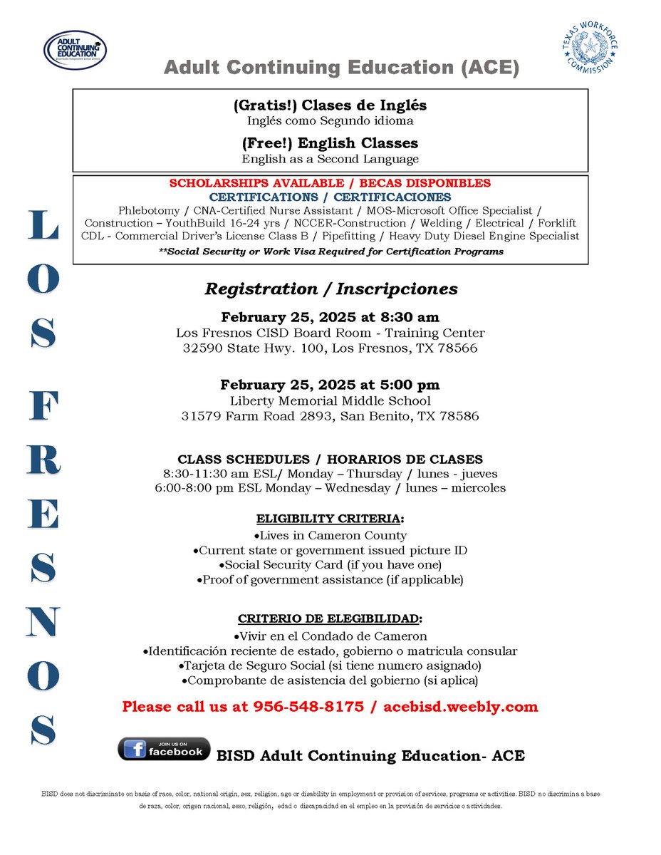 LFCISDFamEngage's tweet image. 🚨 Attention parents! Registration for ESL classes will be Tuesday, February 25th! @LosFresnosCISD
