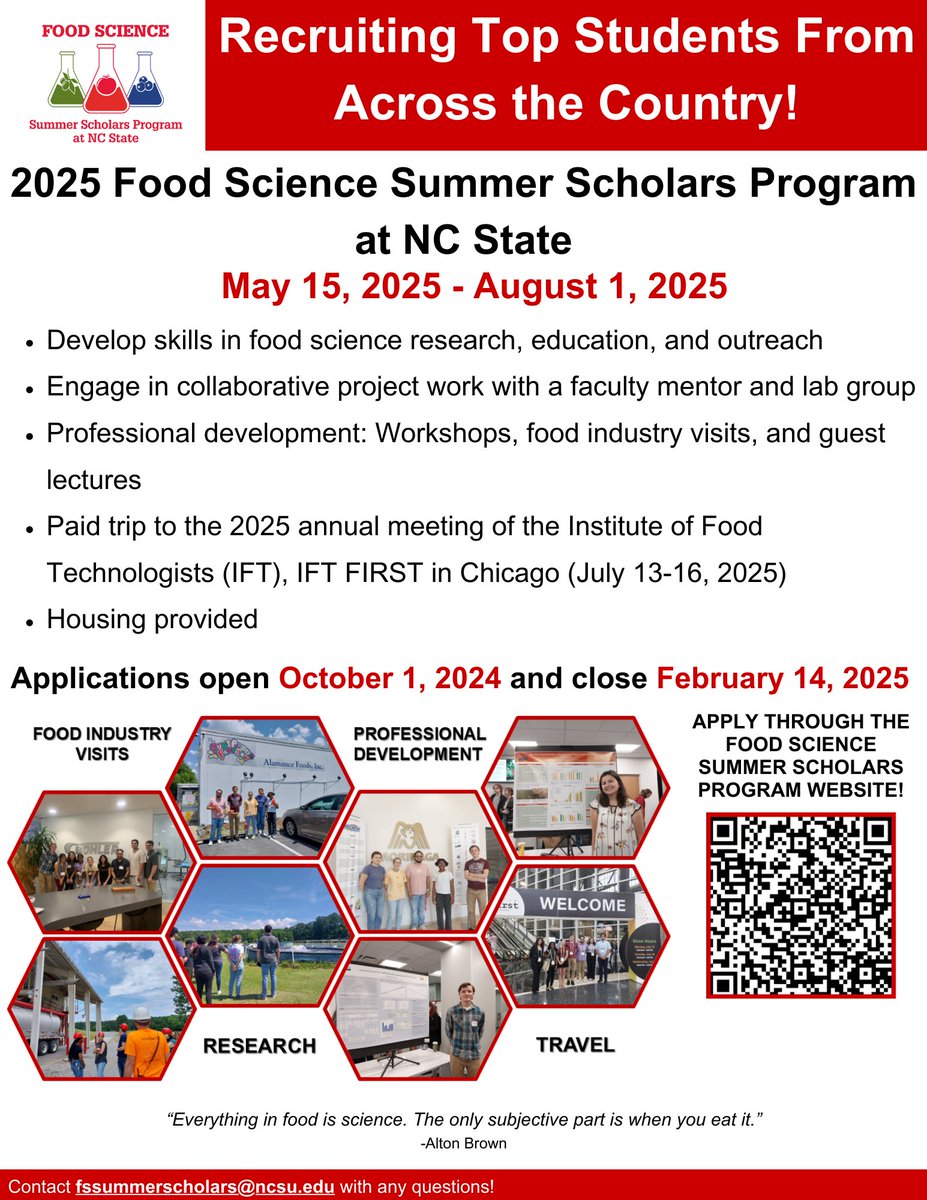 Last chance to be a part of our dynamic Food Science Summer experience! Applications close tomorrow for the FBNS Food Science Summer Scholars program. Learn more and apply here: cals.ncsu.edu/food-bioproces…