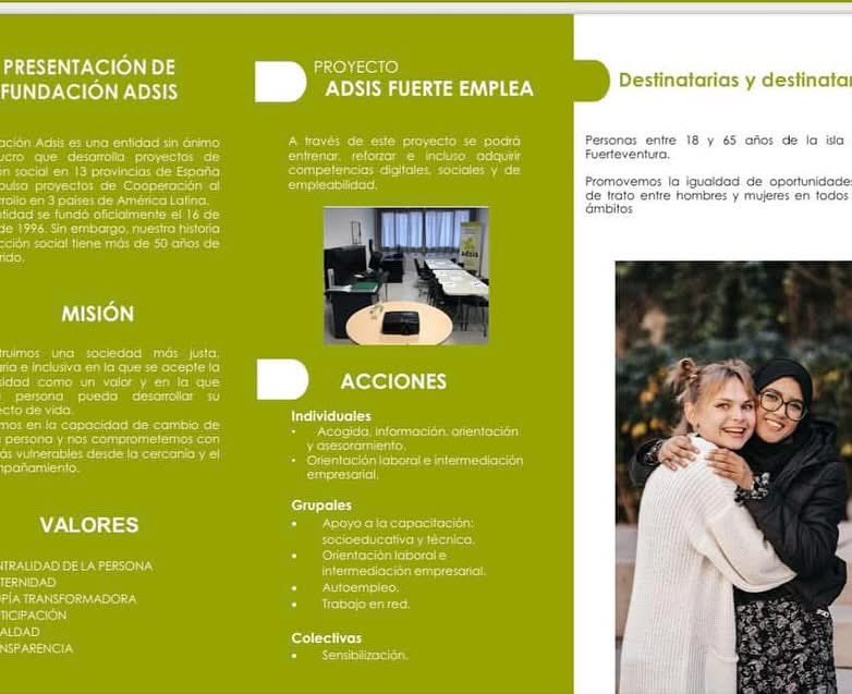 Compartimos el folleto de ISAL ADSIS FUERTE EMPLEA subvencionado por <a href="/PresiCan/">Presidencia GobCan</a> 
<a href="/SCEmpleo/">SCE Gobcan</a> y FSE en la isla dé Fuerteventura.Ofrecemos múltiples actividades para facilitar el acceso a la formación y al mercado laboral.
<a href="/CabildoFTV/">Cabildo de Fuerteventura</a> <a href="/SCEmpleo/">SCE Gobcan</a>