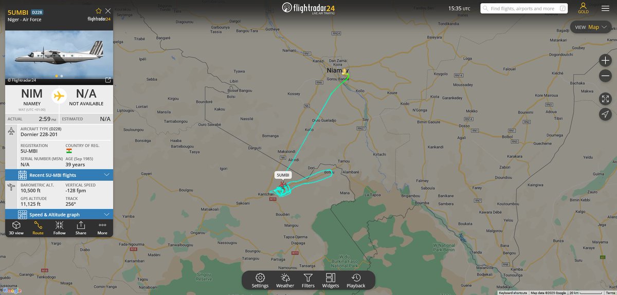fabsenbln's tweet photo. #Niger's🇳🇪 Air Force Dornier 228 (reg. 5U-MBI | #062F0F) is now circling for more than one hour in #BurkinaFaso's🇧🇫 airspace east of #Kantchari. I'm not quite sure what's going on here, because the aircraft is primarily used for (VIP-) transport purposes. https://t.co/V5FoIU1IZJ