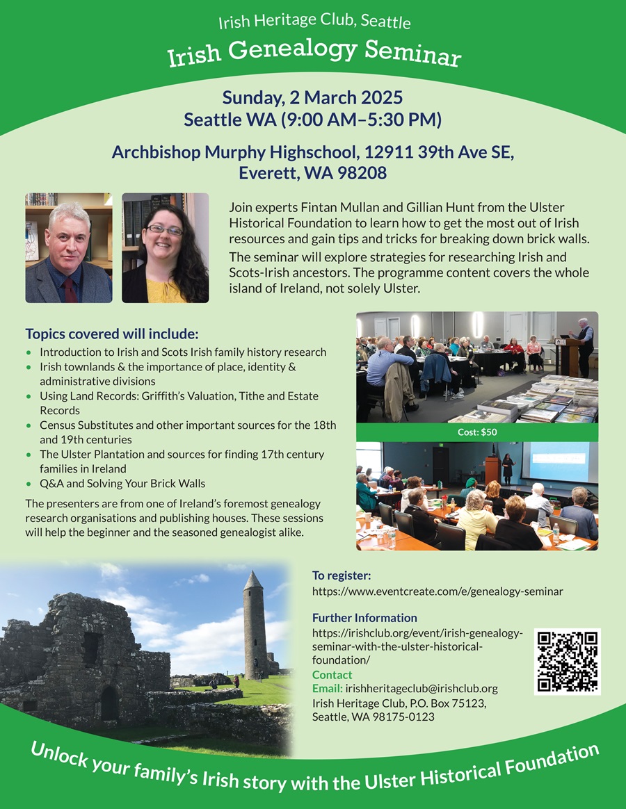 We are so excited to be visiting #Everett, #Seattle, #Washington on 2 March for an #IrishGenealogy seminar, hosted by <a href="/IRISHSEATTLE/">Irish Heritage Club, Seattle, WA</a> . 

Visit eventcreate.com/e/genealogy-se… for more information and to book.
 
#2025IrishGenealogyTourUSA

#IrishFamilyHistory