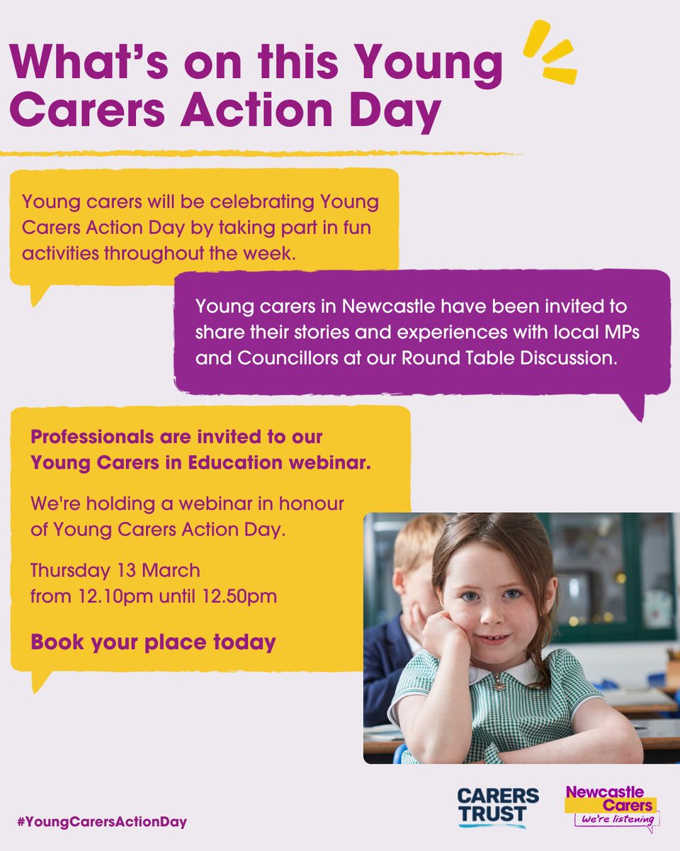 📢This year's #YoungCarersActionDay is all about 'Give me a break'.

The day raises awareness for young carers and seeks to bring about change. Having 'time for me' can make a big difference to a young person with caring responsibilities.

Find out more &gt; newcastlecarers.org.uk/young-carers-a…