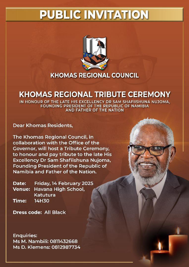 Honoring the legacy of a visionary leader, H.E. Dr. Sam Shafiishuna Nujoma, Founding President of the Republic of Namibia and Father of the Nation. 

Your dedication and service to our nation will never be forgotten.

May His Soul Rest In Peace.🕯️💐🕊️
