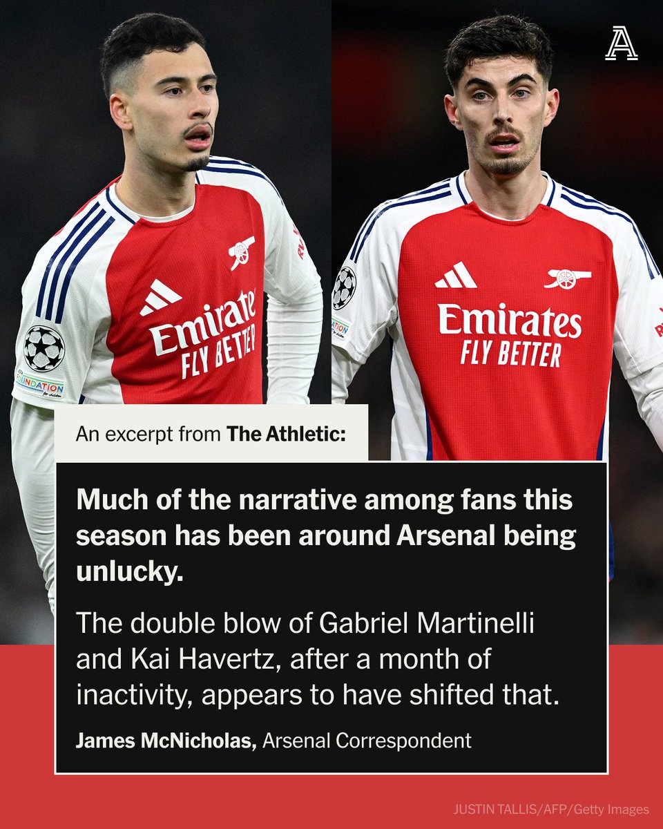 TheAthleticFC's tweet photo. Arsenal gambled by not signing a forward in January.

It is safe to say it hasn’t gone well.

With Kai Havertz ruled out for the season, Mikel Arteta will have to get creative... #AFC 

✍️ @gunnerblog 

🔗 https://t.co/US0pEybWvH https://t.co/bFxblvj3PI