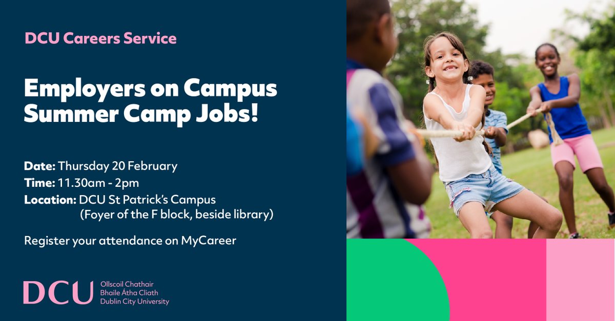 DCU Careers Service (@dcu_careers) on Twitter photo Attn. <a href="/DCU/">Dublin City University</a> @DCUIOE students
📢Would you like to work in a summer camp abroad or in Ireland this summer?🇺🇸 🇮🇪
🌄Our summer camp employers are ready to meet you!
When: Thursday 20th February
Time: 11.30am - 2.00pm
Where: St. Patrick’s Campus (F block foyer beside library) Attn. <a href="/DCU/">Dublin City University</a> @DCUIOE students
📢Would you like to work in a summer camp abroad or in Ireland this summer?🇺🇸 🇮🇪
🌄Our summer camp employers are ready to meet you!
When: Thursday 20th February
Time: 11.30am - 2.00pm
Where: St. Patrick’s Campus (F block foyer beside library)