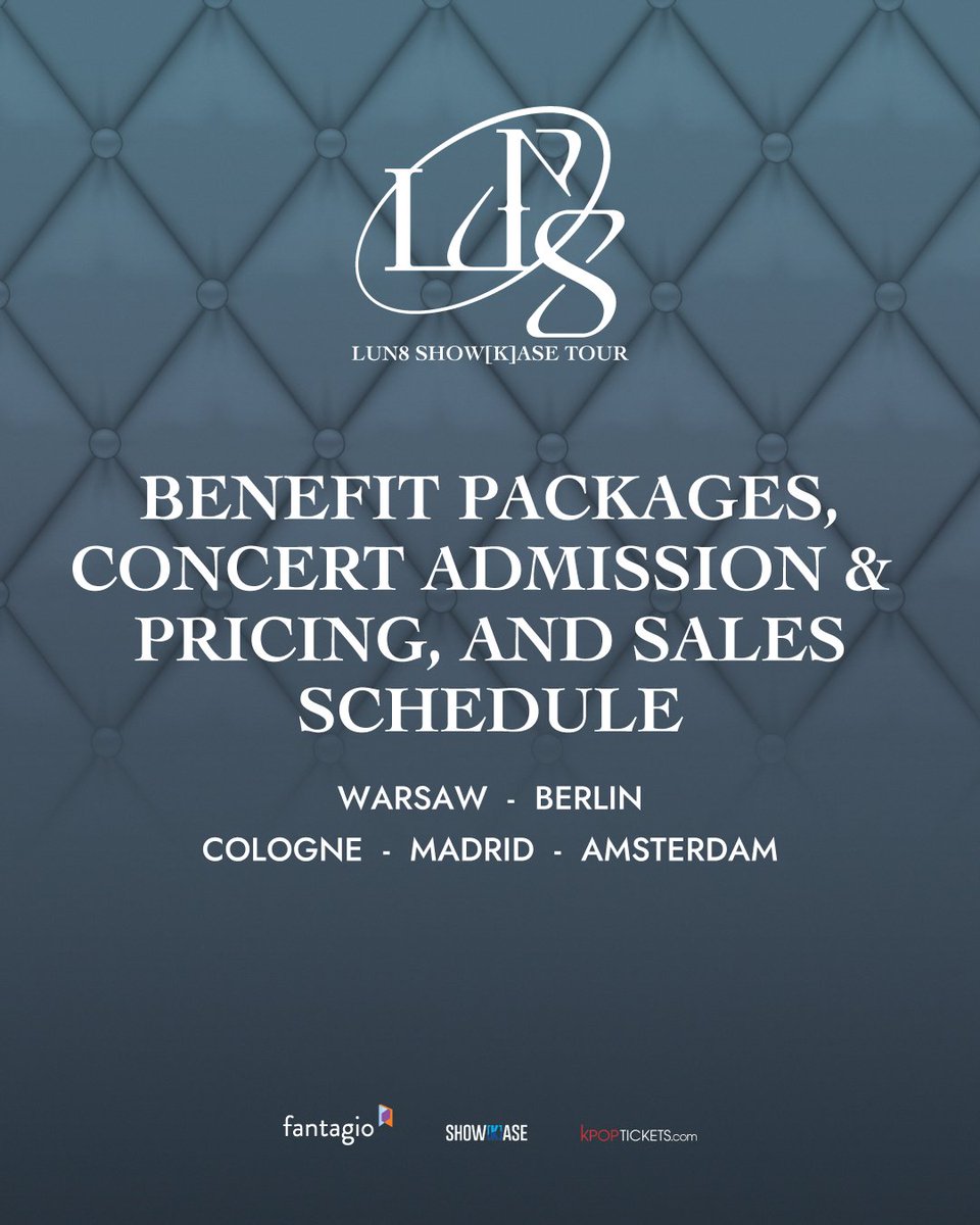 kpopshowkase's tweet photo. Our #LUV8 in Europe! Please read the following below to know about ticket sale times👇.

📅 Benefit Packages for LUN8 SHOW[K]ASE TOUR will go on sale Friday, February 14th for all countries! Concert Admission tickets will be sold on a DIFFERENT date, so stay tuned for that announcement 

⏰ 1pm CET – General Sale Benefit Packages🎁

📣 Please note that Benefit Packages DOES NOT give you Concert Admission and you MUST buy a separate Concert Admission ticket to be able to participate in the fan engagements. However, you are able to purchase the Benefit Package before purchasing the Concert Admission, or wait until Concert Admission tickets go on sale and then buy your benefits; whichever you prefer!

🚨There will be NO early access during the ticket sales, since there was no pledging for LUN8, so anyone is able to purchase tickets during the sales time above.

🎟️Tickets will be available on https://t.co/THvdQnF9dS !

#ShowKase #KPOP_ShowKase #LUN8 #루네이트