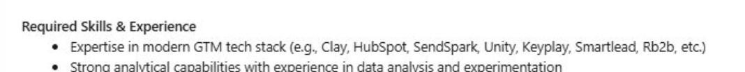 Made my day to see <a href="/sendspark/">Sendspark</a> listed under "Required Skills &amp; Experience" for this GTM Engineer role!

This is the modern GTM Stack!!! 

cc <a href="/clay_gtm/">Clay</a> <a href="/HubSpot/">HubSpot</a> <a href="/smartlead_ai/">smartlead</a> <a href="/Retentiondotcom/">Retention.com</a>