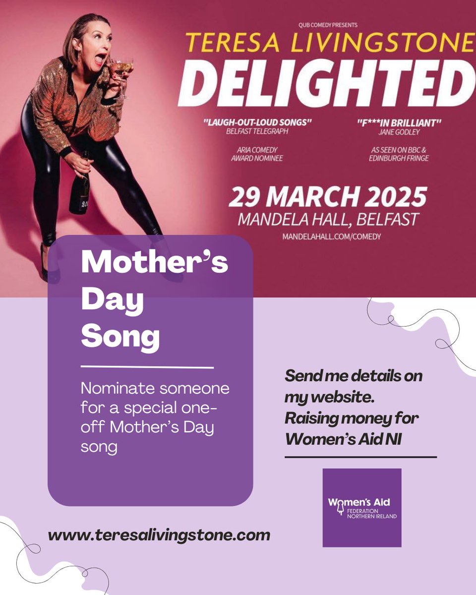 Teresa Livingstone (@ladylivy) on Twitter photo I’m bringing my show “Delighted” to the <a href="/mandelahall/">Mandela Hall, Belfast</a> on Sat 29th March 2025. I’m also writing a one-off Mother’s Day song for that night only, so get in touch to put yours in the song! Any donations raised will go to <a href="/WomensAidNI/">Women's Aid NI</a>  Tickets available now: glistrr.com/events/e/teres… I’m bringing my show “Delighted” to the <a href="/mandelahall/">Mandela Hall, Belfast</a> on Sat 29th March 2025. I’m also writing a one-off Mother’s Day song for that night only, so get in touch to put yours in the song! Any donations raised will go to <a href="/WomensAidNI/">Women's Aid NI</a>  Tickets available now: glistrr.com/events/e/teres…