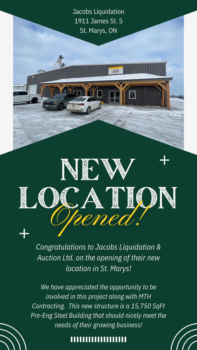 StonecrestEng's tweet photo. Congratulations to Jacobs Liquidation on the opening of their new location in St Marys, a 15,750SqFt PreEng Steel Building that should nicely meet the needs of their growing business!! We've appreciated being involved in this project along with MTH Contracting.  #engineering https://t.co/5atzHMzr4f