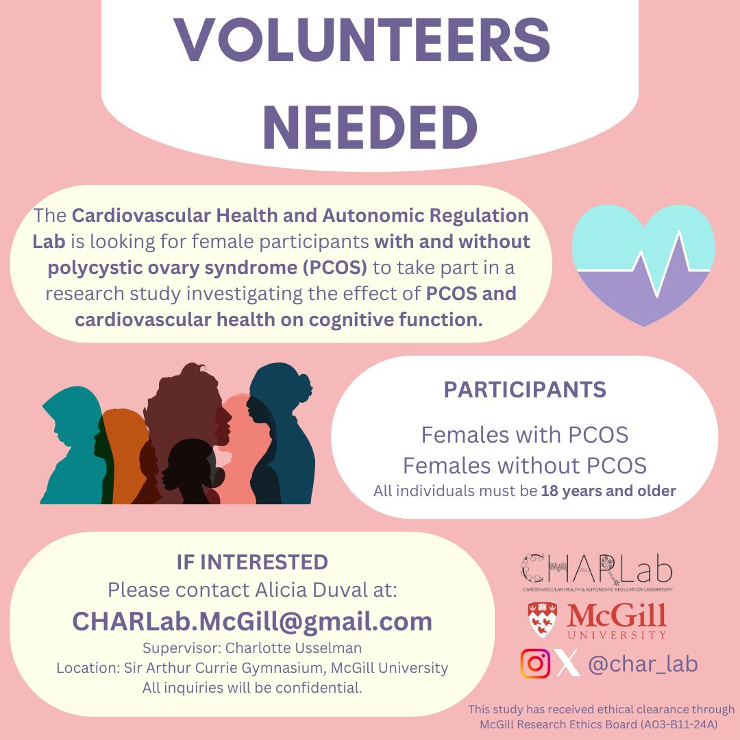 Montreal and area!
The Cardiovascular Health and Autonomic Regulation Lab (<a href="/char_lab/">CHARLab</a>) is actively recruiting participants for a research study examining cardiovascular and cognitive health in females with Polycystic Ovary Syndrome (PCOS). Pls share or reach out for more details!
