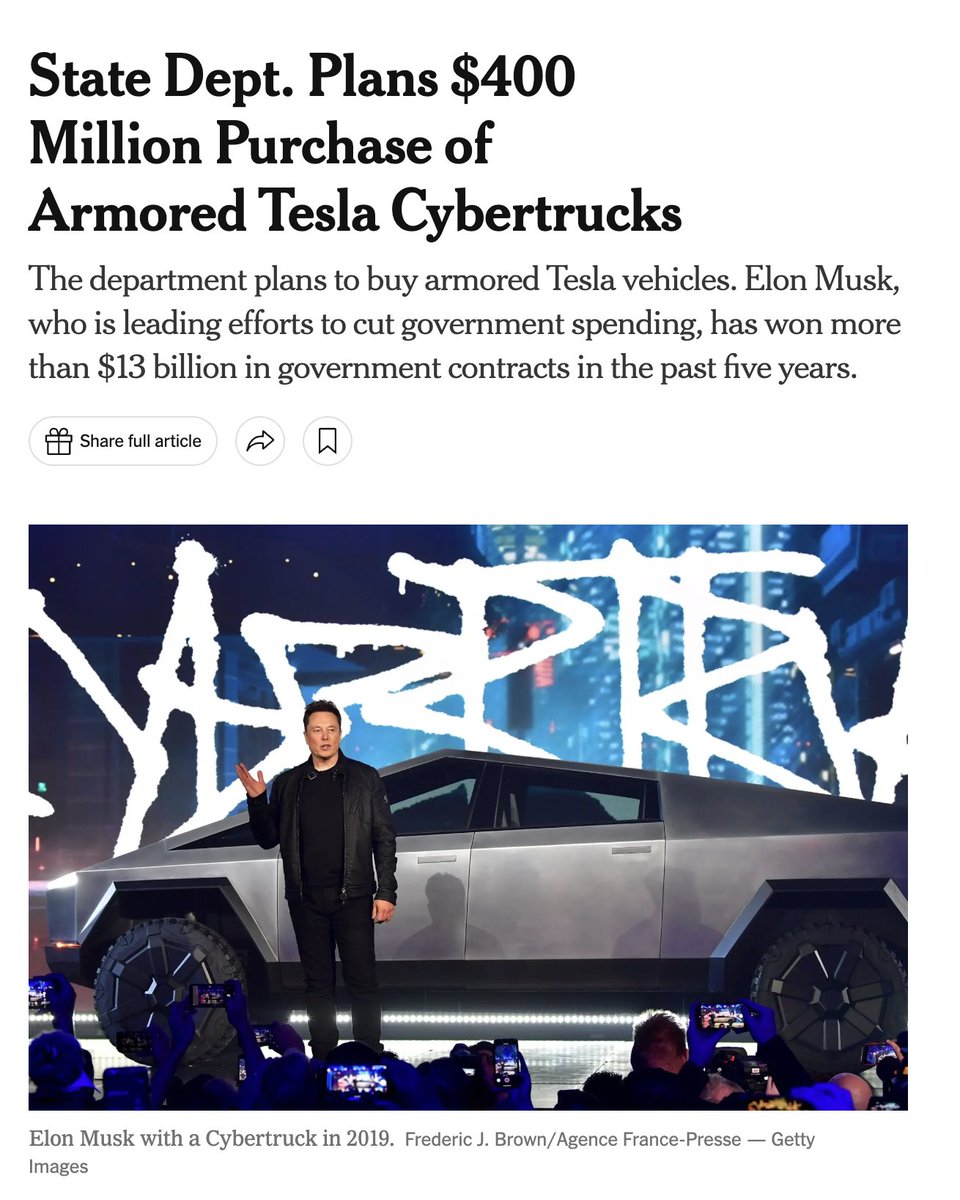 SenatorDurbin's tweet image. Buying $400 million in Tesla Cybertrucks sounds like excessive, unnecessary government spending. Where’s DOGE?

This contract not only goes against their promises to the American people, but it is also a clear conflict of interest for Elon Musk.