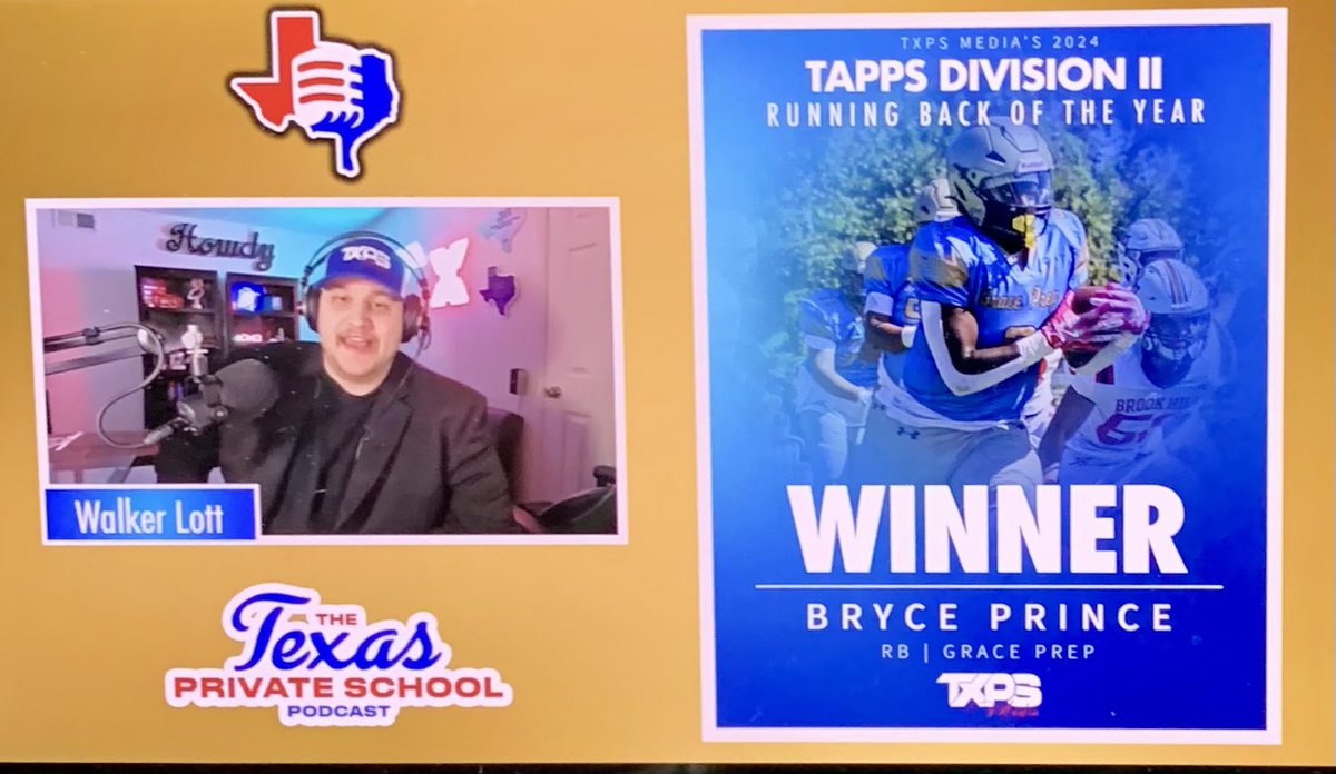 Bryce Prince (@bryce_prince26) on Twitter photo Blessed and humbled to be named TAPPS DII Running Back Of The Year! Thanks <a href="/TXPSMedia/">Texas Private School Media</a> for the recognition! <a href="/chadpegues1/">Chad Pegues</a> <a href="/grace_prep/">Grace Prep Football</a> <a href="/Coach_Indy/">Indy Siehndel</a> <a href="/JonVanCleave/">Jon Van Cleave</a> <a href="/coach40evans/">Cody Evans</a> Blessed and humbled to be named TAPPS DII Running Back Of The Year! Thanks <a href="/TXPSMedia/">Texas Private School Media</a> for the recognition! <a href="/chadpegues1/">Chad Pegues</a> <a href="/grace_prep/">Grace Prep Football</a> <a href="/Coach_Indy/">Indy Siehndel</a> <a href="/JonVanCleave/">Jon Van Cleave</a> <a href="/coach40evans/">Cody Evans</a>