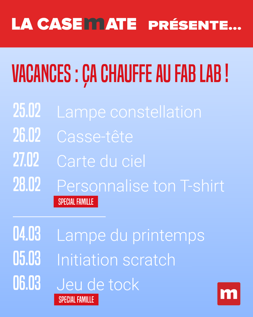 📅🔥 Les vacances d'hiver arrivent et le moins qu'on puisse dire, c'est que ça va chauffer au Fab Lab de La Casemate ! 
👉 Le détail des activités et les inscriptions sont en ligne sur notre site : lacasemate.fr

#DIYGrenoble #LaCasemate #LoisirsCréatifs #FabLabGrenoble