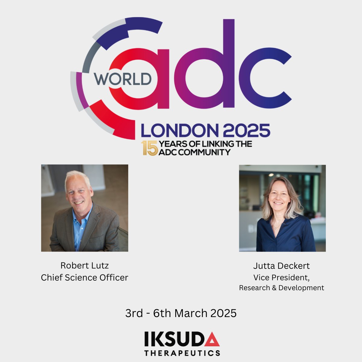 It's less than a month to go now before World ADC London 2025.

Iksuda will be attending each day so if you see us then come say hello to the team 👋

Robert Lutz and Jutta Deckert will also be speaking so make sure you don't miss it!