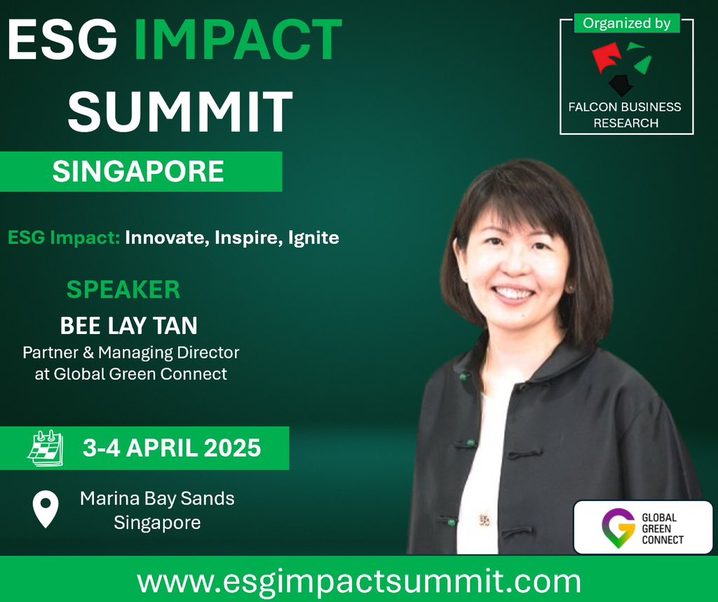 FBResearch777's tweet photo. 🚀 Excited to announce Bee Lay Tan, Partner and Managing Director @ggreenconnect , will be speaking at ESG Impact Summit Singapore! 🌍  
🗓️ 3-4 Apr 2025  
📍 Marina Bay Sands  

🔗 Register: https://t.co/yRXaESdupc  
#ESG #Sustainability #Esgimpact #netzero https://t.co/sz0AaHB6mD