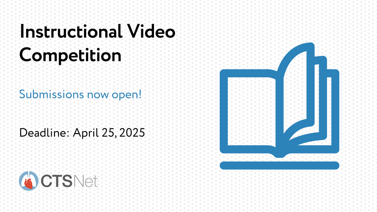 ctsnetorg's tweet photo. Attention All!  

Submit your entries for the 1st Annual CTSNet Instructional Video Competition by April 25, 2025, for a chance to inspire and expand the skill sets of CT surgeons and win the top prize, US $1,000.  

🔗https://t.co/wrK21Wubj8

#Competition #CTSurgery #CTSNet https://t.co/p0bzuCBaCG