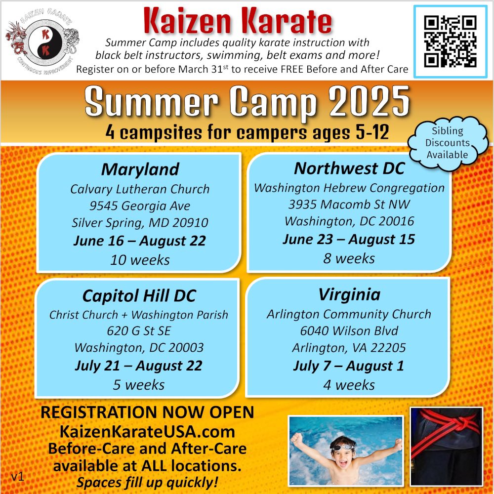 kaizenkaratemd's tweet photo. Registration opens this coming Monday, January 6th! Space is limited. FREE before &amp; after care for ALL weeks when you register before March 31st, 2025 #kaizen2025  #kaizenkarate #dckids #dcmoms #shepherdpark #shepherdparkdc #perrystreetprep #gloverparkdc #clevelandparkdc https://t.co/umfiwQcSth
