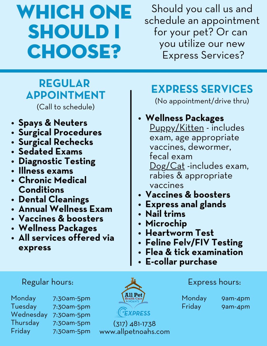 Which service should I use?

We put together this comparison so you can choose how you'd like your pet to be seen. Either for a Regular Appointment in our hospital, or via our Express drive-thru services. For more information and for pricing, visit: allpetnoahs.com